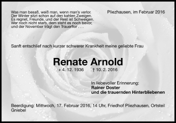 Anzeige von Renate Arnold von Reutlinger Generalanzeiger