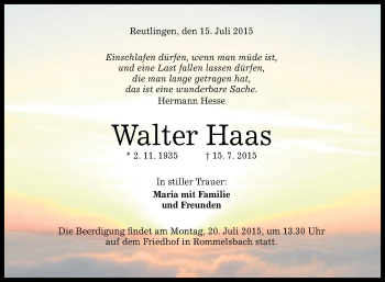 Anzeige von Walter Haas von Reutlinger Generalanzeiger