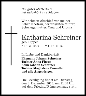 Anzeige von Katharina Schreiner von Reutlinger Generalanzeiger