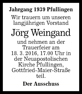 Anzeige von Jörg Weingand von Reutlinger Generalanzeiger