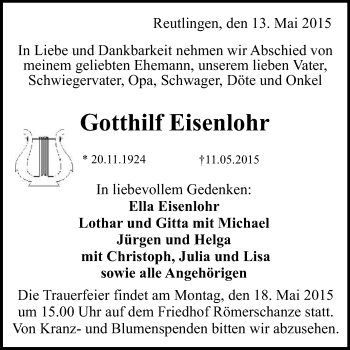 Anzeige von Gotthilf Eisenlohr von Reutlinger Generalanzeiger
