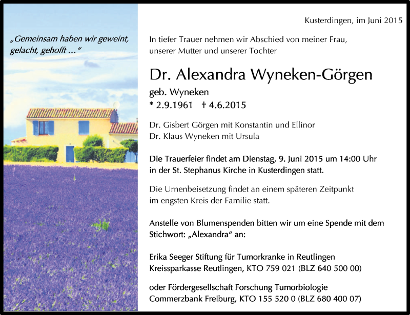  Traueranzeige für Alexandra Wyneken-Görgen vom 06.06.2015 aus Reutlinger Generalanzeiger