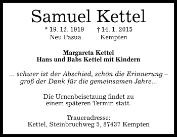Anzeige von Samuel Kettel von Reutlinger Generalanzeiger