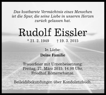 Anzeige von Rudolf Eissler von Reutlinger Generalanzeiger