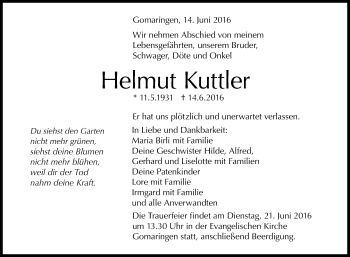 Anzeige von Helmut Kuttler von Reutlinger Generalanzeiger