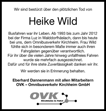 Anzeige von Heike Wild von Reutlinger Generalanzeiger