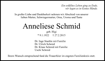 Anzeige von Anneliese Schmid von Reutlinger Generalanzeiger
