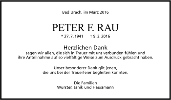 Anzeige von Peter F. Rau von Reutlinger Generalanzeiger