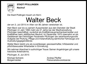 Anzeige von Walter Beck von Reutlinger Generalanzeiger