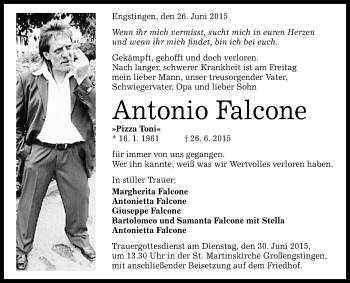 Anzeige von Antonio Falcone von Reutlinger Generalanzeiger