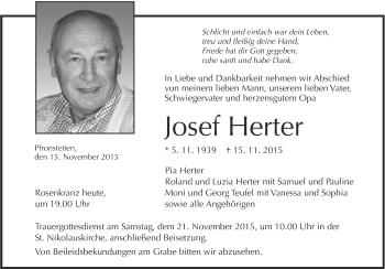 Anzeige von Josef Herter von Reutlinger Generalanzeiger