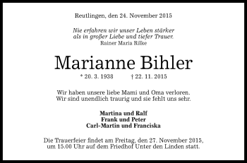 Anzeige von Marianne Bihler von Reutlinger Generalanzeiger