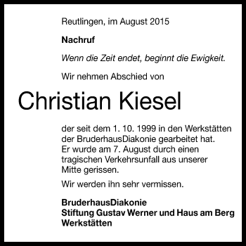 Anzeige von Christian Kiesel von Reutlinger Generalanzeiger