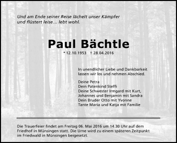Anzeige von Paul Bächtle von Reutlinger Generalanzeiger
