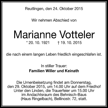 Anzeige von Marianne Votteler von Reutlinger Generalanzeiger