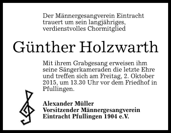Anzeige von Günther Holzwarth von Reutlinger Generalanzeiger
