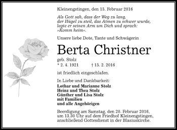 Anzeige von Berta Christner von Reutlinger Generalanzeiger