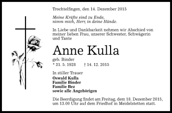 Anzeige von Anne Kulla von Reutlinger Generalanzeiger