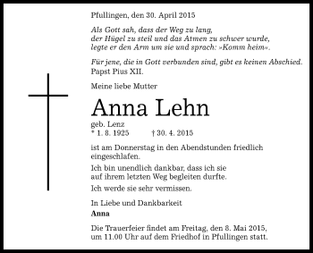 Anzeige von Anna Lehn von Reutlinger Generalanzeiger
