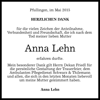 Anzeige von Anna Lehn von Reutlinger Generalanzeiger