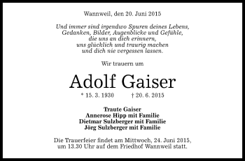 Anzeige von Adolf Gaiser von Reutlinger Generalanzeiger