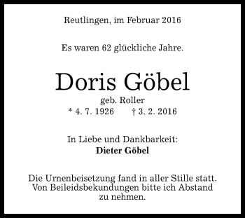 Anzeige von Doris Göbel von Reutlinger Generalanzeiger
