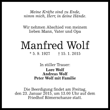 Anzeige von Manfred Wolf von Reutlinger Generalanzeiger