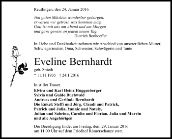 Anzeige von Eveline Bernhardt von Reutlinger Generalanzeiger