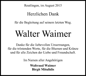 Anzeige von Walter Waimer von Reutlinger Generalanzeiger