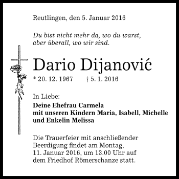Anzeige von Dario Dijanovic von Reutlinger Generalanzeiger