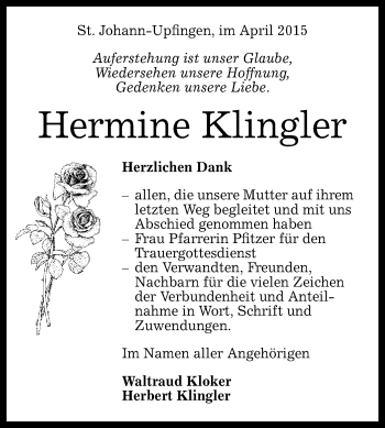 Anzeige von Hermine Klingler von Reutlinger Generalanzeiger