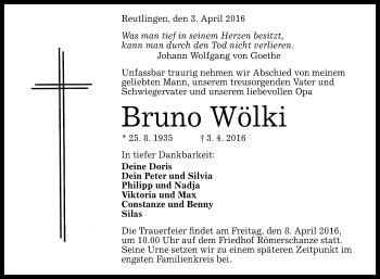 Anzeige von Bruno Wölki von Reutlinger Generalanzeiger
