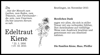 Anzeige von Edeltraut Kiene von Reutlinger Generalanzeiger