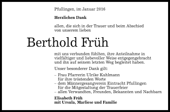 Anzeige von Berthold Früh von Reutlinger Generalanzeiger