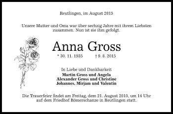 Anzeige von Anna Gross von Reutlinger Generalanzeiger