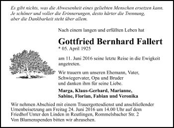 Anzeige von Gottfried Bernhard Fallert von Reutlinger Generalanzeiger