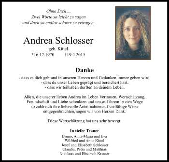 Anzeige von Andrea Schlosser von Reutlinger Generalanzeiger