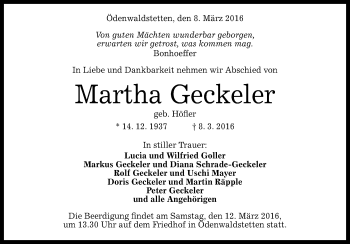 Anzeige von Martha Geckeler von Reutlinger Generalanzeiger