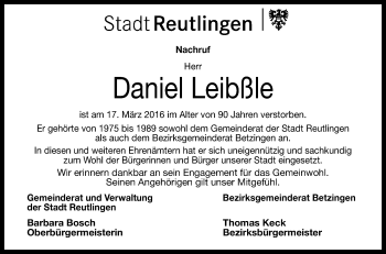 Anzeige von Daniel Leibßle von Reutlinger Generalanzeiger