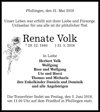 Anzeige von Renate Volk von Reutlinger Generalanzeiger