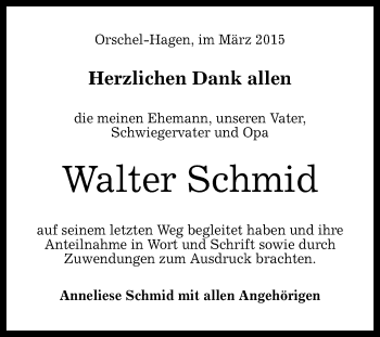 Anzeige von Walter Schmid von Reutlinger Generalanzeiger