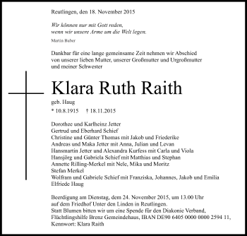 Anzeige von Klara Ruth Raith von Reutlinger Generalanzeiger