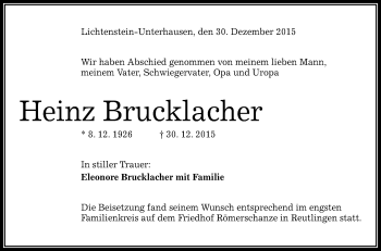 Anzeige von Heinz Brucklacher von Reutlinger Generalanzeiger