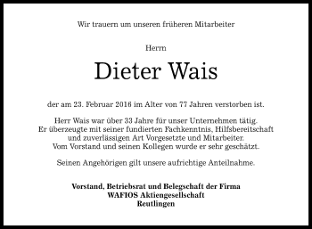 Anzeige von Dieter Wais von Reutlinger Generalanzeiger