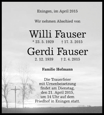 Anzeige von Willi und Gerdi Fauser von Reutlinger Generalanzeiger