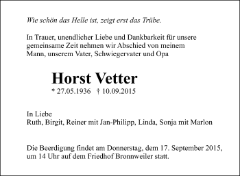 Anzeige von Horst Vetter von Reutlinger Generalanzeiger