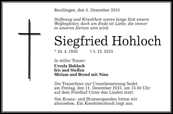 Anzeige von Siegfried Hohloch von Reutlinger Generalanzeiger