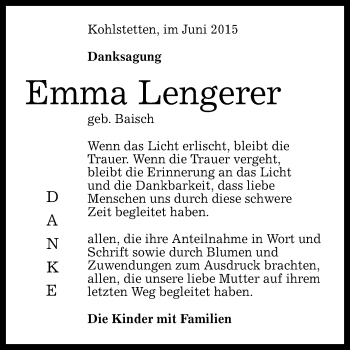 Anzeige von Emma Lengerer von Reutlinger Generalanzeiger