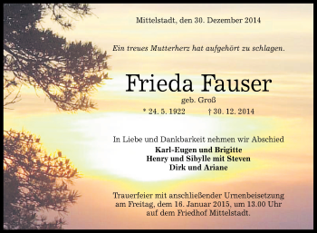 Anzeige von Frieda Fauser von Reutlinger Generalanzeiger