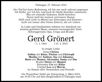 Anzeige von Gerd Grönert von Reutlinger Generalanzeiger